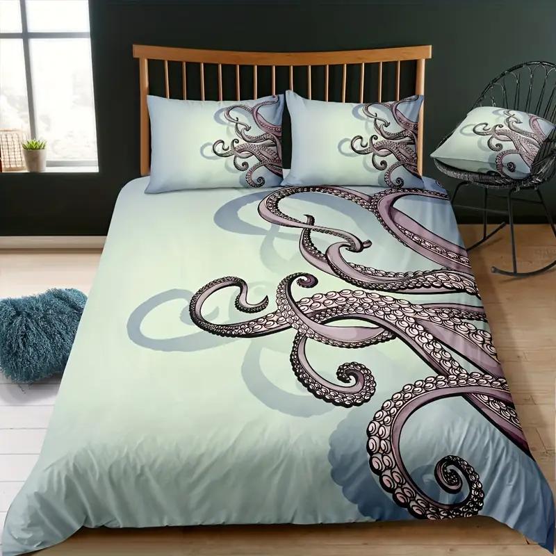 Vintage Octopus Duvet Cover Set, Nautical Sea Life Print Quilt Cover, Soft Comfortable Breathable Bedding Set For Home Decor