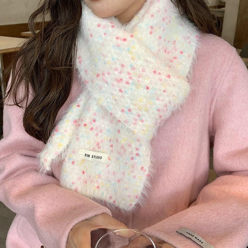Imitation mink jelly beans colored polka dots warm autumn and winter light fluffy wool knitted white scarf