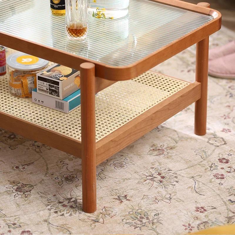 Tea Table Solid Woodrattan Woven Glass Nordic Japanese Small Family Cherry Wood Living Room Furniture Rectangular Side