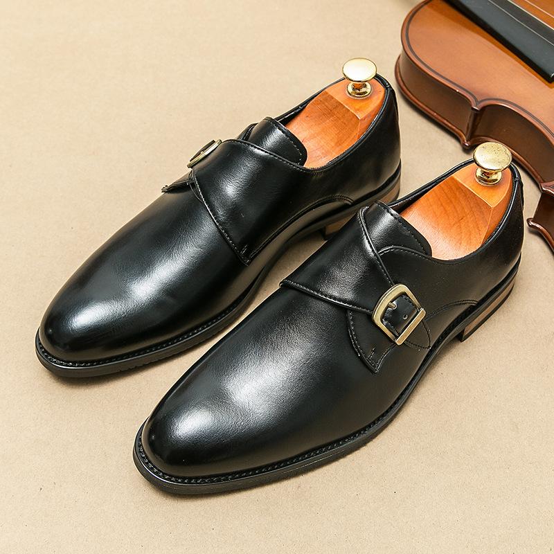 

Large size four seasons new men s low-top business casual fashion retro wooden heel bottom pointed foot cover small leather shoes 38 чорний