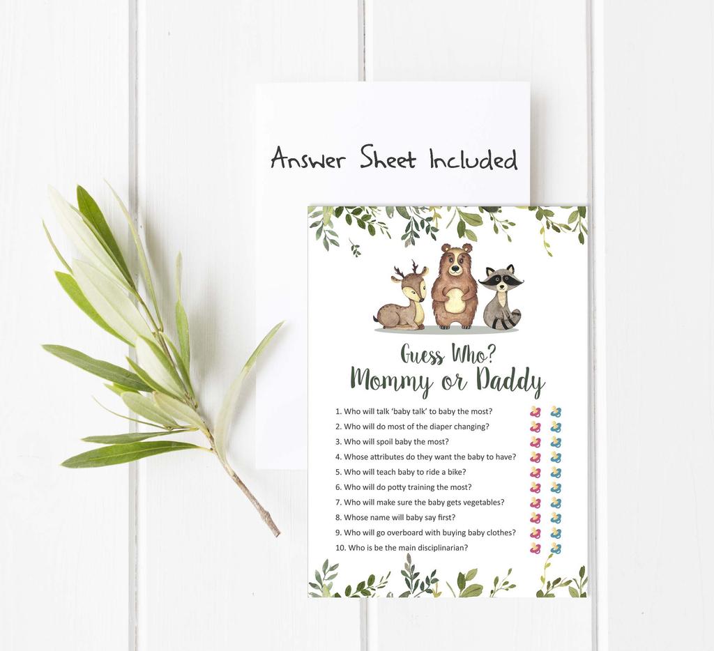 Inkdotpot Mommy Or Daddy Who Said it Game Gender Neutral Leaves & Animals Set of 50 Fun Baby Shower Game Party Supply