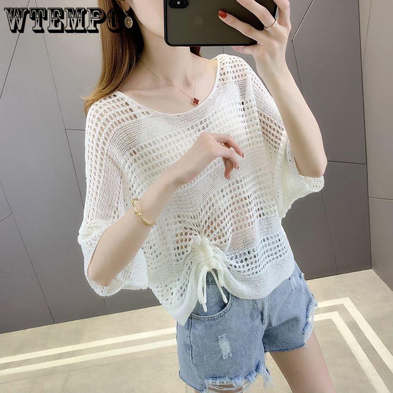 WTEMPO Summer Knitted Cardigan Women's Hollow Thin T-Shirts Loose V-Neck Short Sleeve Knitted Vests Short Tops
