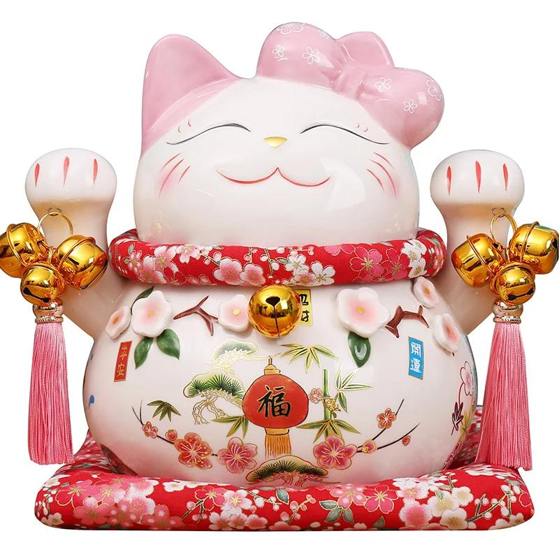 Cartoon Maneki Neko Oranment Ceramic Lucky Cat Figurine Pink BOW-TIE Fortune Cat Statue Home Decorative Money Box Piggy Bank