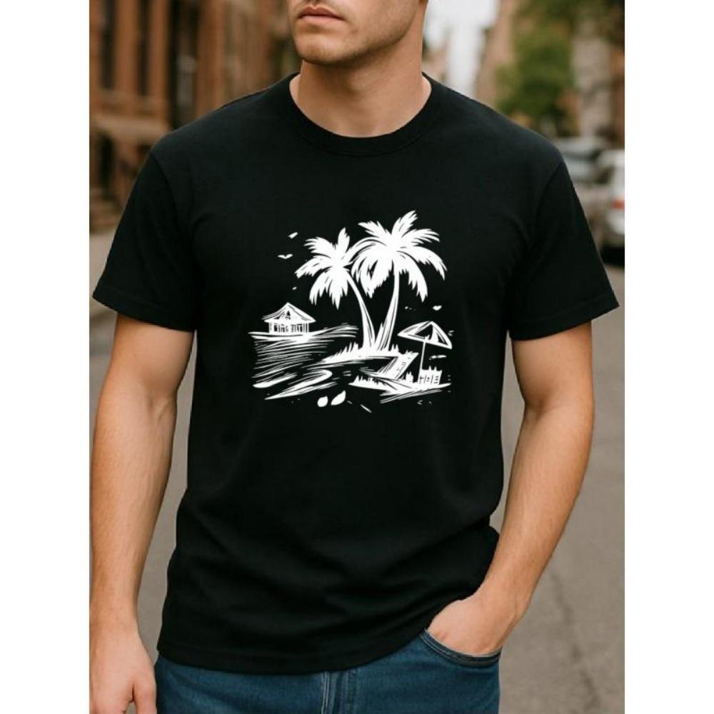 

European Sizes Beach Resort-style Printed, Lightweight Round-neck Short-sleeved, All-season Casual Men s T-shirt, Men s Casual Short-sleeved S чёрный