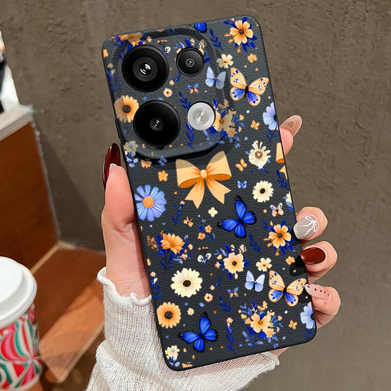 Blue Butterfly Floral Pattern Case For Xiaomi 14T 13T 11T Pro Funda Redmi Note 14 13 12 11 Pro 5G 4G Leather Texture Silicone Cover