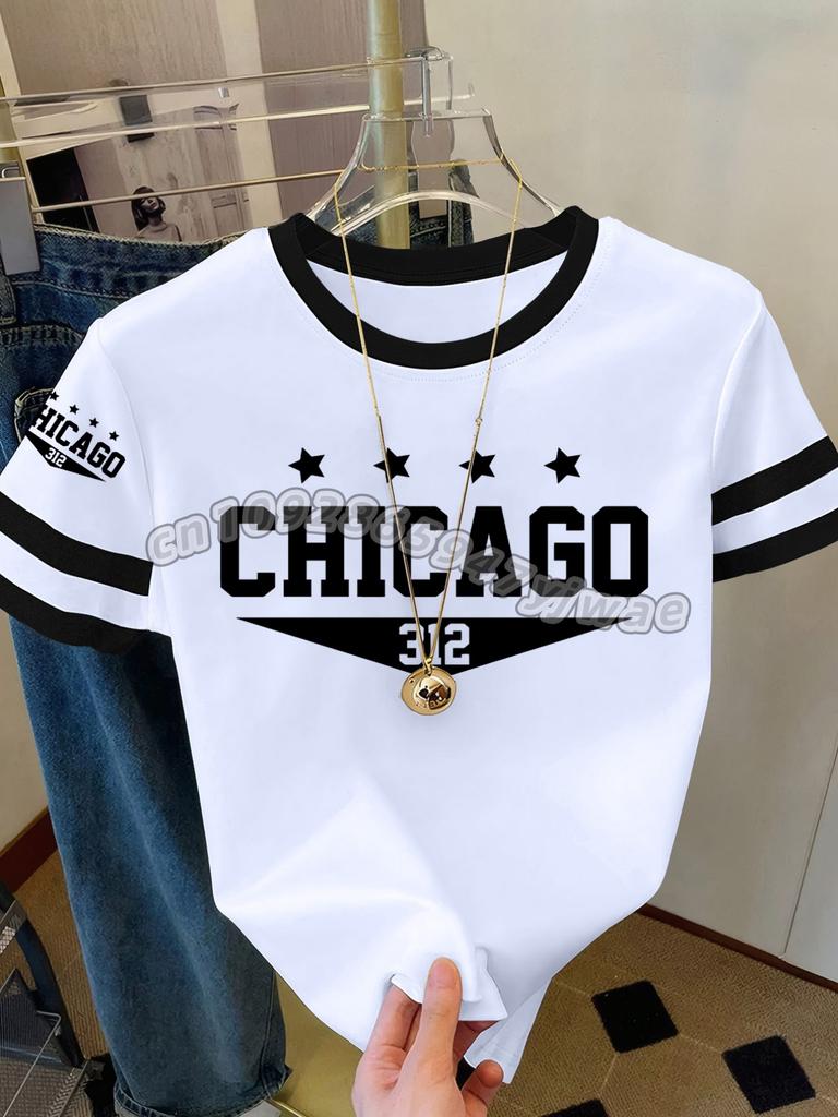 2026 Womens Short Sleeve Color-Block CHICAGO NO.32 Print Y2k T Shirt Girl Round Neck Tee Outdoor Sports Adult Women's T-Shirt