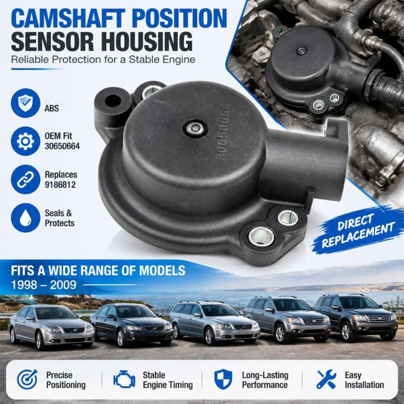 Housing-Only Camshaft Position Sensor Cover, Part Number 30650664, with ABS Construction and Multiple Metal-Insert Mounting Locations 9186812 for C70
