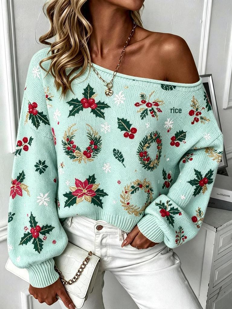 Cozy One-Shoulder Long Sleeve Knit Sweater for Women - Warm Christmas Autumn/Winter Style 2026