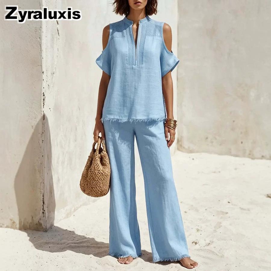 Nuovo Set Due Pezzi alla Moda con Temperamento, Manica Corta, Scollatura Bardot e Pantaloni Lunghi per Donna
