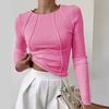 Women Black Ribbed Long Sleeve Top Round Neck Fitted New Casual Versatile Blouse