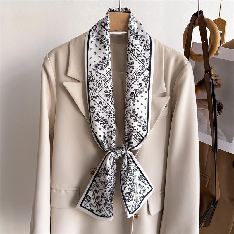 New temperament double-layer scarf streamer strap bag decoration suit scarf small long headband silk scarf women's printing narrow