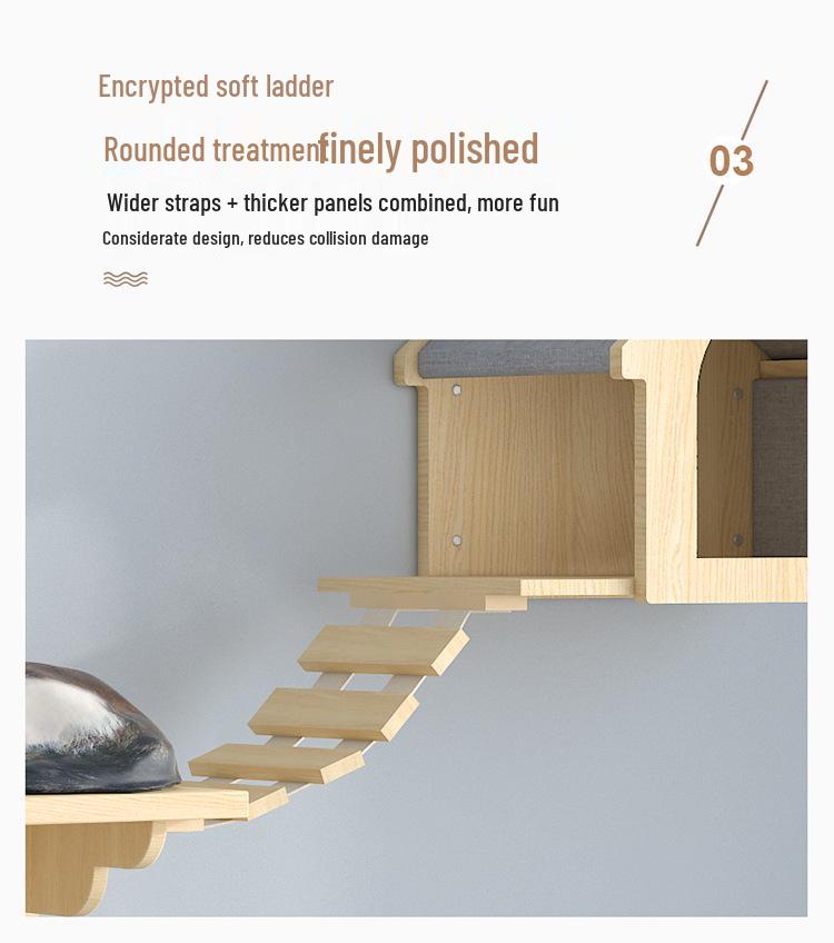 Wall-Mounted Solid Wood Cat Tree with Scratching Board and Jumping Platform