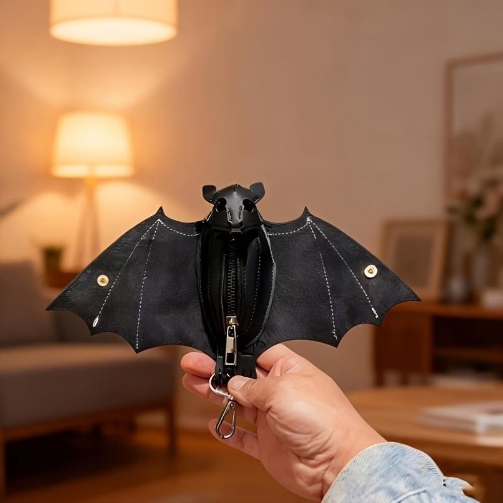 Zipper Bat Wallet Keychain Coin Purse Leather Bat Keychain Handmade Halloween Bat Pendant  Gifts