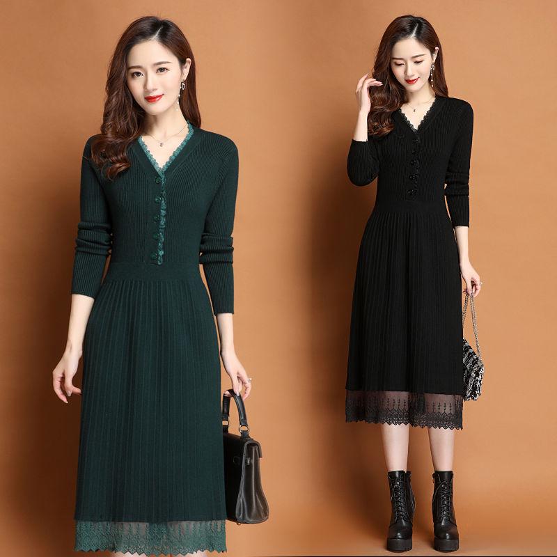 SCIONE Lace V-neck Sweater Skirt Temperament Mid-length Slim Bottom Skirt All-match Knitted Dress Women