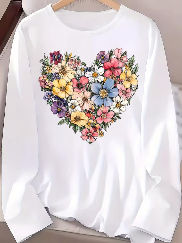 (Asian Size) Love Flower Style Casual Clothing Graphic Tee Women Autumn Winter Spring Fashion Top O-neck Print T Shirt Long Sleeve T-shirts