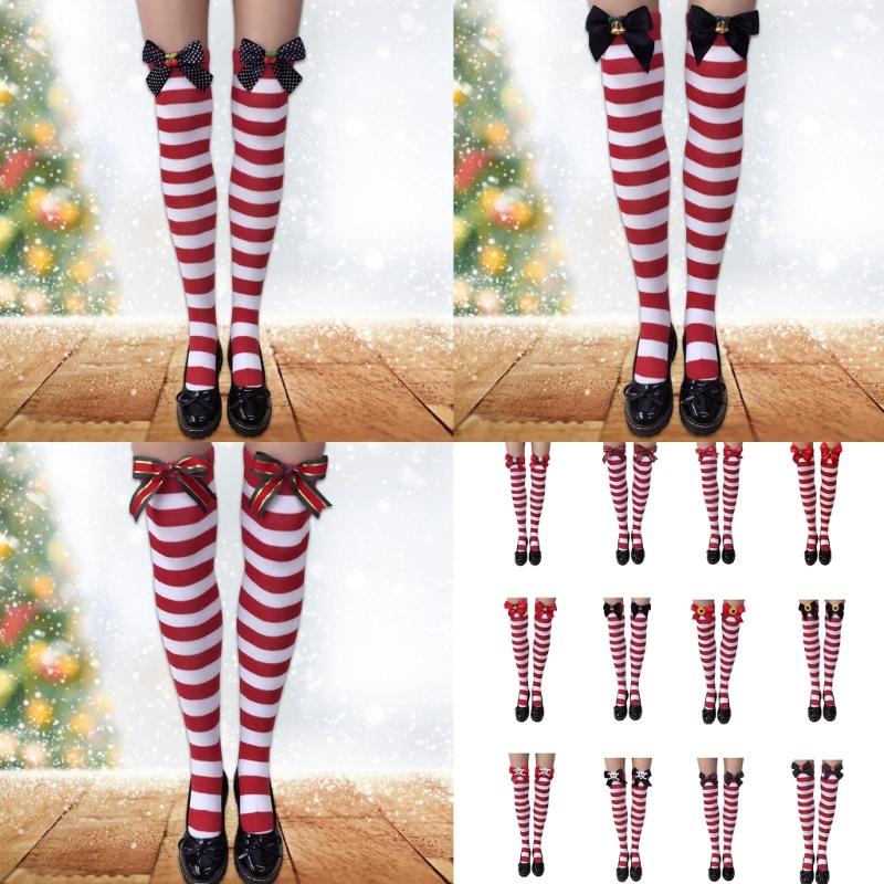 Festival-Schleifenakzent Gestreifte Lange Socken für Damen Weihnachtsfeiern Cosplay Oberschenkelhoch Über dem Knie Strümpfe Strumpfwaren