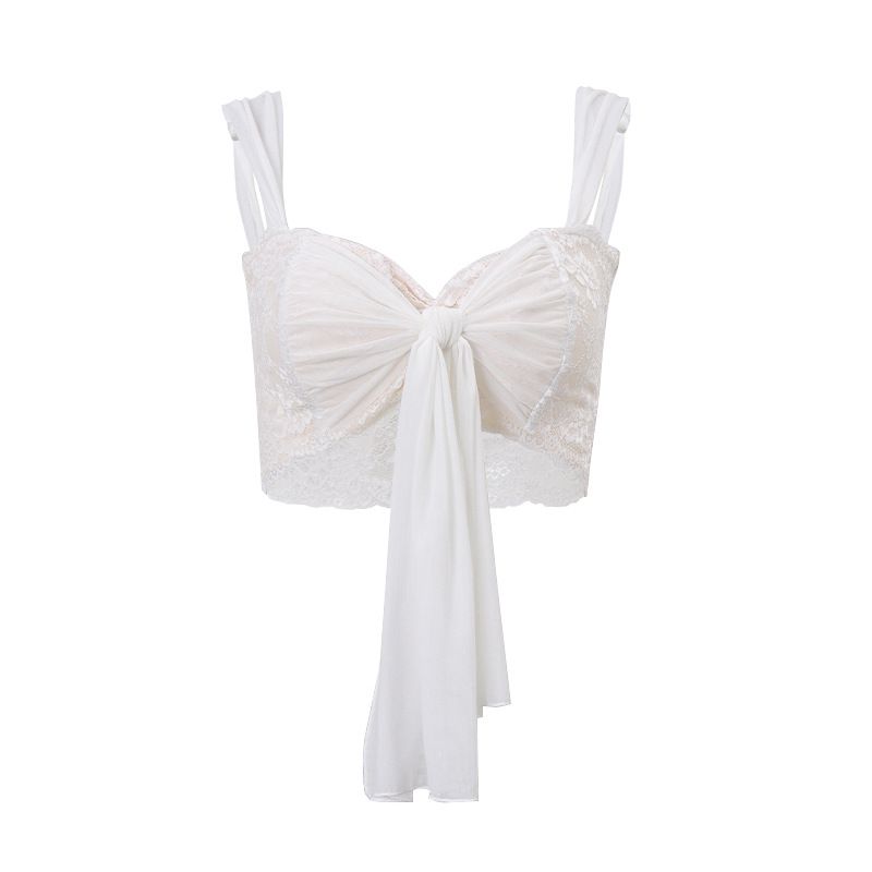 

INS Европейская и американская женская одежда 2025 Лето Новинка Сексуальный Сексуальный Чистое Желание Кружево Сетка Пэчворк Бретели-спагетти Топы-бандо White S