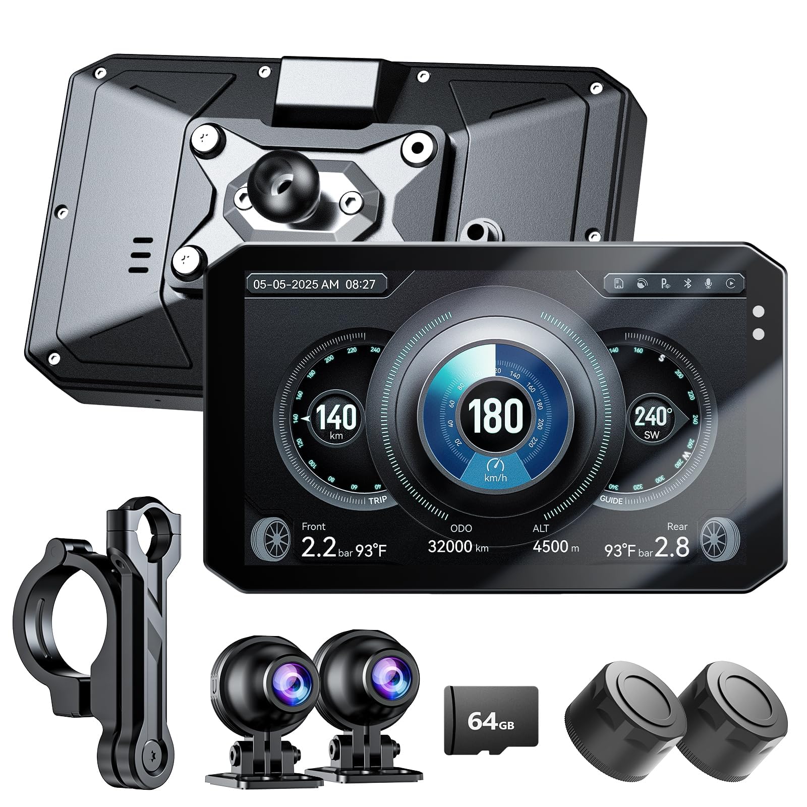 

Changer Motorcycle Dash Cam with Auto Smart TPMS Touch Waterproof and Front and Rear Driving Information Voice Engine 64GB Memory Card Parking Split