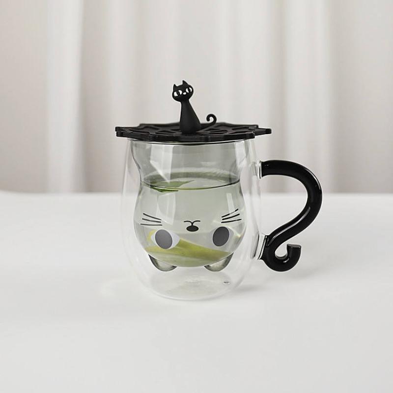 Creative Cartoon Cat Double Wall Glass Cup with Handle Cute Coffee Cup Heat-resistant Mug Office Kitchen Drink Ware