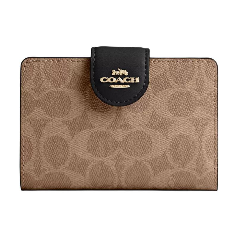 COACH 13 brand logo snap closure leather wallet women s tan and black Tan and black