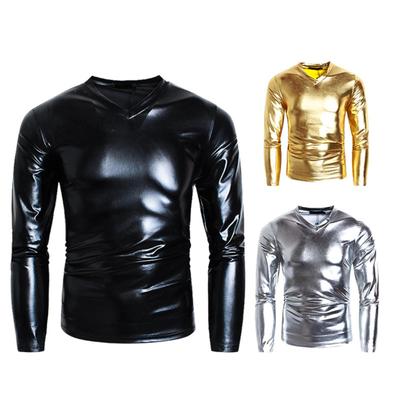 T-shirt męski błyszczący wygląd jednolity kolor z długim rękawem Top V Neck T-shirt slim fit impreza w klubie nocnym kostiumy wydajności
