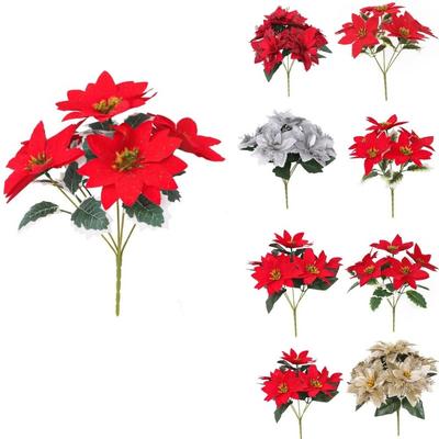 5 Heads Bunch Artificial Poinsettia Bouquet Red Poinsettia Artificial Flowers Christmas Decoration Realistic Simulation Bouquet