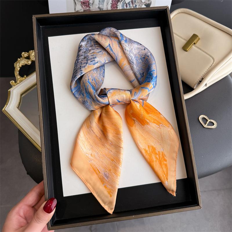 Oil Painting Printed Sunflower Square Scarf Luxury Ladies Neckerchief Soft Satin Shawl Women'S Decorative Bandana