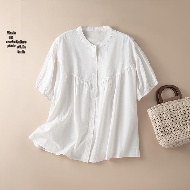 2026 White Loose Lantern Sleeve Cotton Doll Top - Korean Style Summer Short Sleeve L