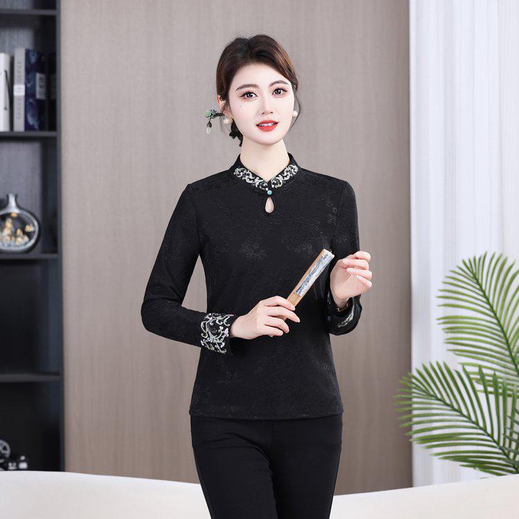 2026 Spring/Autumn Chinese Style Stand Collar Embroidered Fleece Jacquard Long Sleeve Warm Top 2XL чёрный