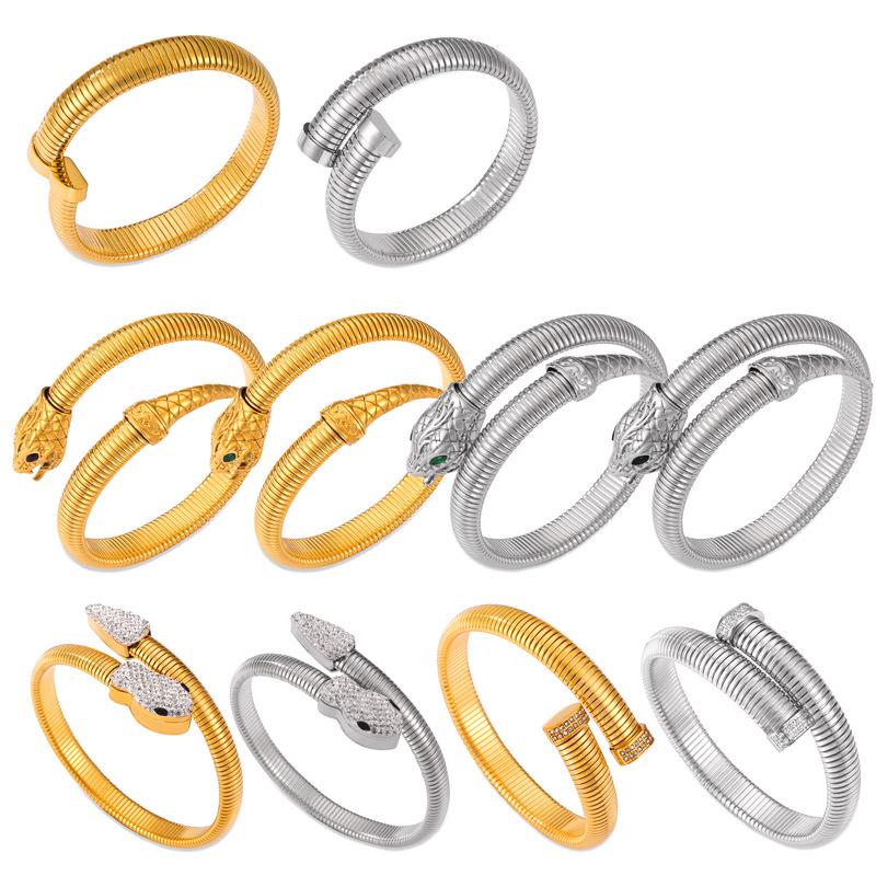 18K Gold Plated Zirconia Inlaid Titanium Steel Snake Head Tail Chain Bracelet