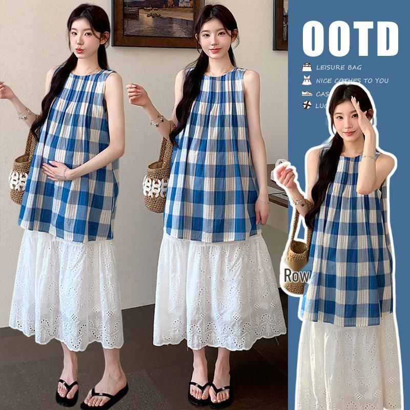 In-Stock Summer Maternity Cotton Linen Plaid Vest & Embroidered Skirt Set L