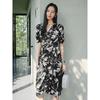 JZ AnnaCo Elegant Floral Printed V-Neck Silk Wrap Midi Dress