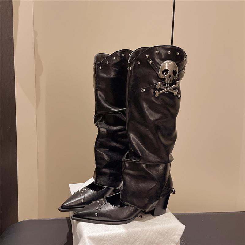 Fashion Pointed Toe Thick Heel Women Long Boots Fashion Mid Calf Booties Autumn Winter Woman Mordern Removable Trouser Legs Booties