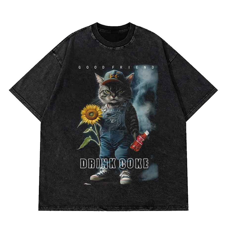 

T Mens Animals Hip Hop cat Print Daily Casual Short Sleeve Loose Oversized TShirt Street Harajuku Top Cotton S