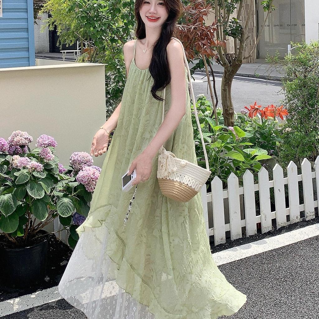 French 2026 printed chiffon summer splicing new seaside suspender holiday temperament irregular medium and long dress