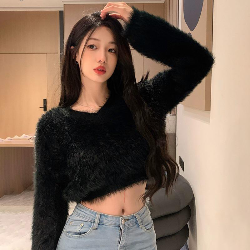 

Женский свитер короткий с V-образным вырезом пуловер осень и зима норка пух One Size