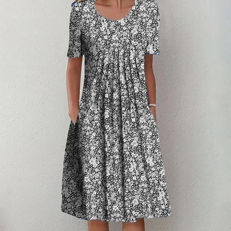 Spring and Summer Floral Print Crew Neck Pocket Women's Fashion Casual Crew Neck Trend Print Medium and Long Dress