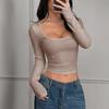 European & American Y2K Style Square Neck Long Sleeve Slim Fit Ribbed T-shirt