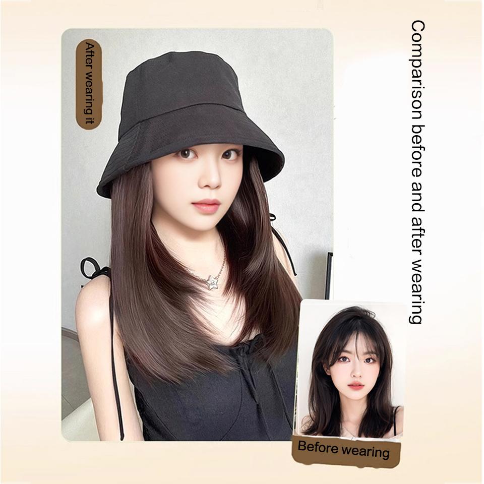 Black Fisherman's Hat Wig Hair Extensions Hat Wigs Synthetic Long Straight Clavicle Hair Warm Autumn Winter Cap Wig