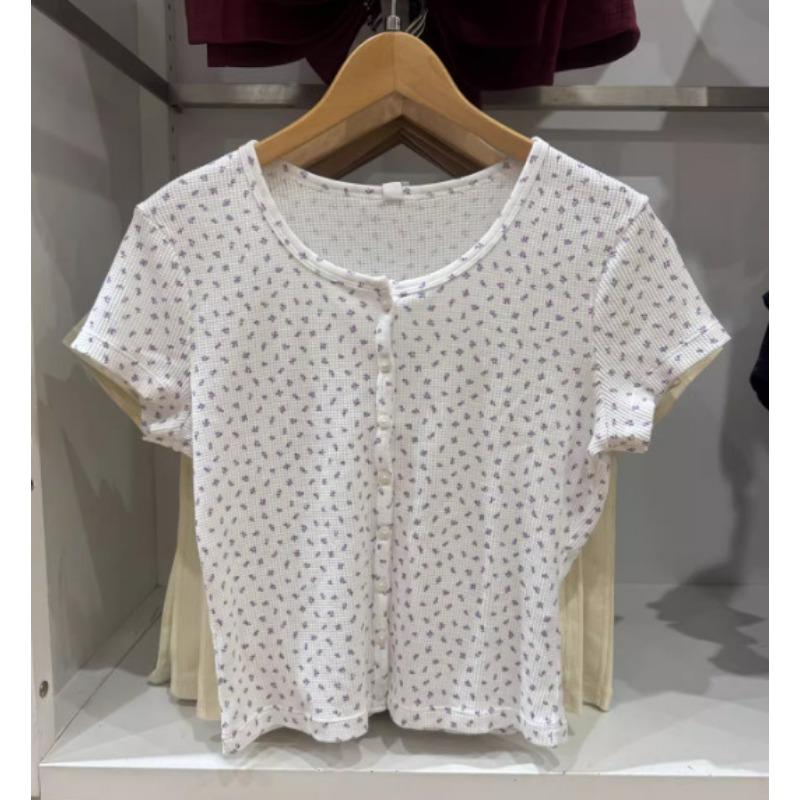 Womens Floral Print Button Front Short Sleeve Top S белый