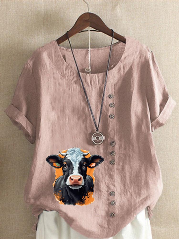 

Women s Fashion Highland Cattle Print Casual Cotton Linen Short Sleeve Round Neck T-shirt Shirt Leisure Loose Summer Blouse Tops S