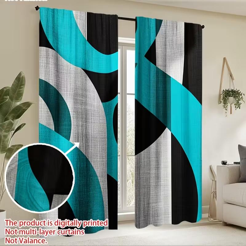 2pcs Modern Geometric Teal Black Pattern Curtains, Designed for Light Blocking, Premium Material, Suitable for Living Room, Bedr