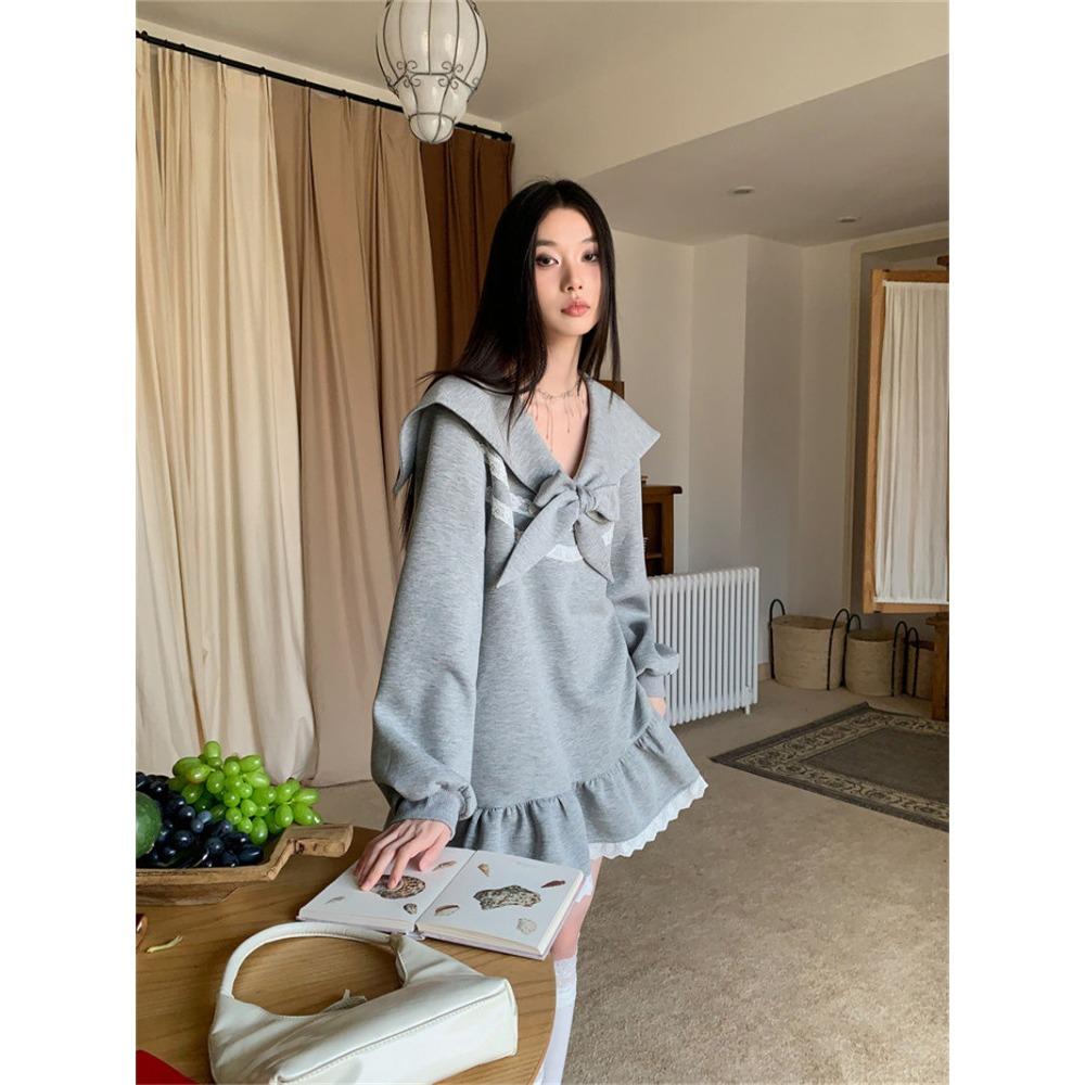 Sweet Preppy Style Mini Dress Female Clothing Fashion Lace Spliced Spring Autumn Sailor Collar Bandage Bow Basic Ruffles Dresses