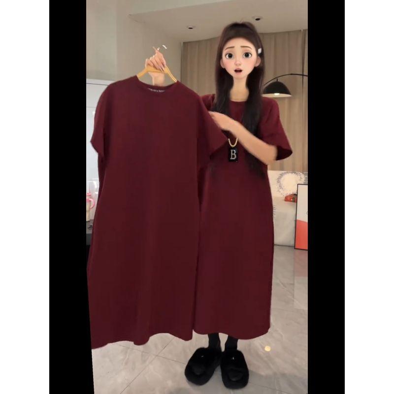 

European Goods Retro Crew Neck Idle Style Wine Red Short Sleeve Dress Female 2025 Summer New Casual Dress Dress Burgundy M