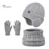 Girls Winter Warmth Set 3Pcs/Set Kids Hat Scarf Gloves Solid Color Twist Texture Fleece And Lining Earflap Touchscreen Neck Warmer Cold Weather