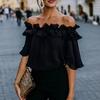 Damen Marineblau Off-Shoulder Rüschenbesatz Ausgestellte Ärmel Bluse