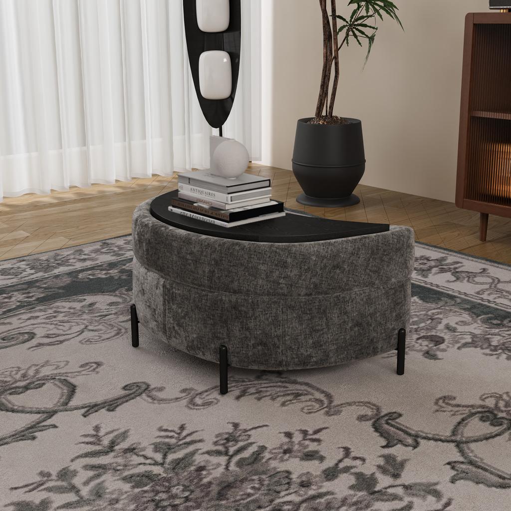 Chenille-Covered Half-Moon Storage Stool with Tray, Padded Seat, Dressing & Shoe Stool and Footrest for Living Room, Entryway & Hallway, Gray