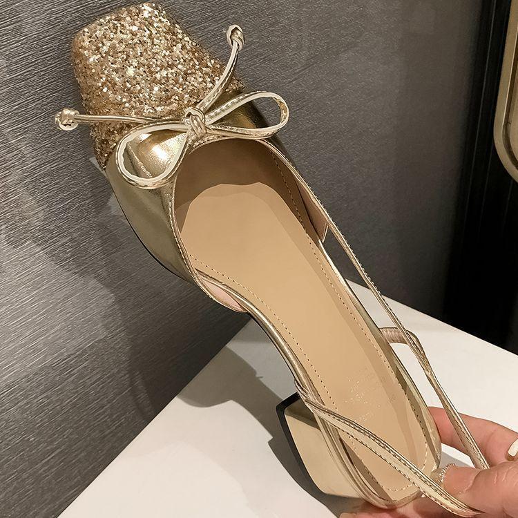 French temperament golden bow square head single shoes 2025 new high-end bag head thick heel sandals women's summer wear