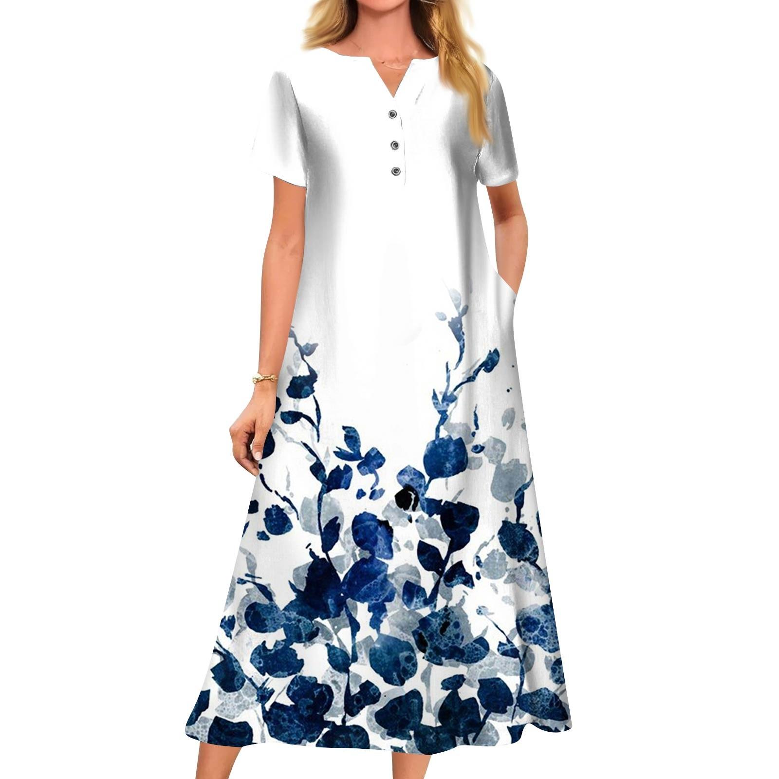 

Жіноча літня повсякденна сукня-розмах з V-подібним вирізом і короткими рукавами L синій