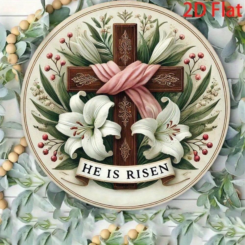 Easter Cross Lily Metal Sign 8 Inch Round Yard Decor Holiday Garden Ornament